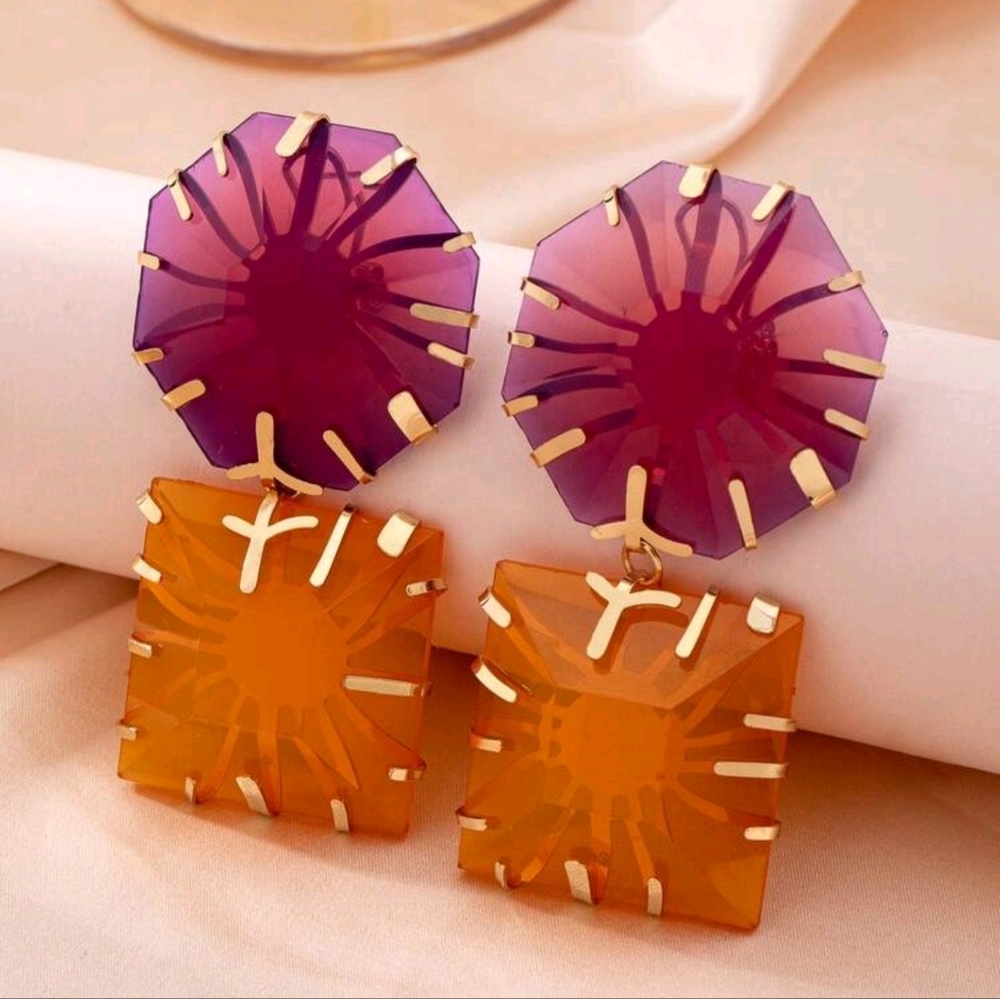 Zara Multicolor Resin Statement Earrings Bold Geometric Jewelry; NWOT